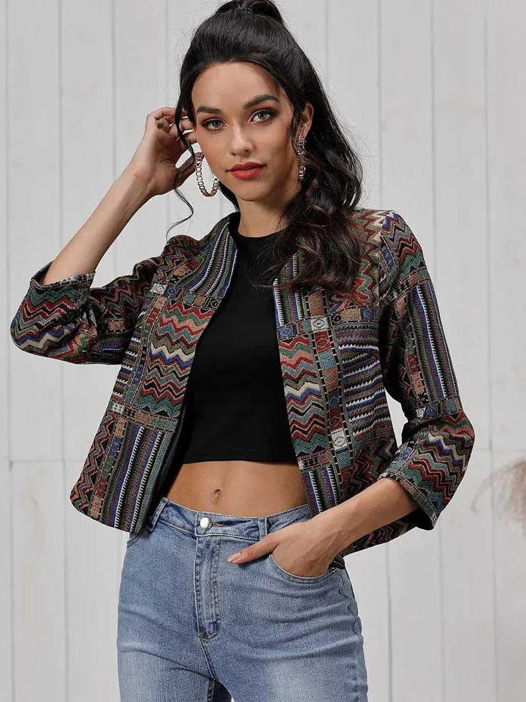 Jacket Women's Clothing Printing Embroidered Half Sleeve V-neck Woman Jackets Casaco Feminino Ali01