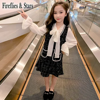 

Spring Autumn girls 2 pcs set baby blouse + vest dress kids suit children brand clothes chiffon ruched gunny check 4 to 14 yrs