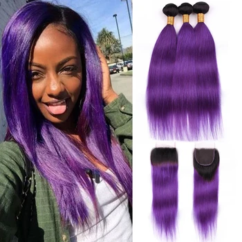 

T1b/Purple Ombre Straight Hair Bundles With Closure Peruvian Human Hair Bundles With Closure Dorisy Remy Hair Extension