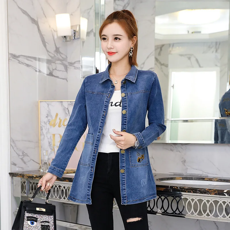 

Jeans Coat Women's 2018 Autumn New Style Korean-style Mid-length Small Bee Slim Fit Trench Coat Women's Fashion Short Coat