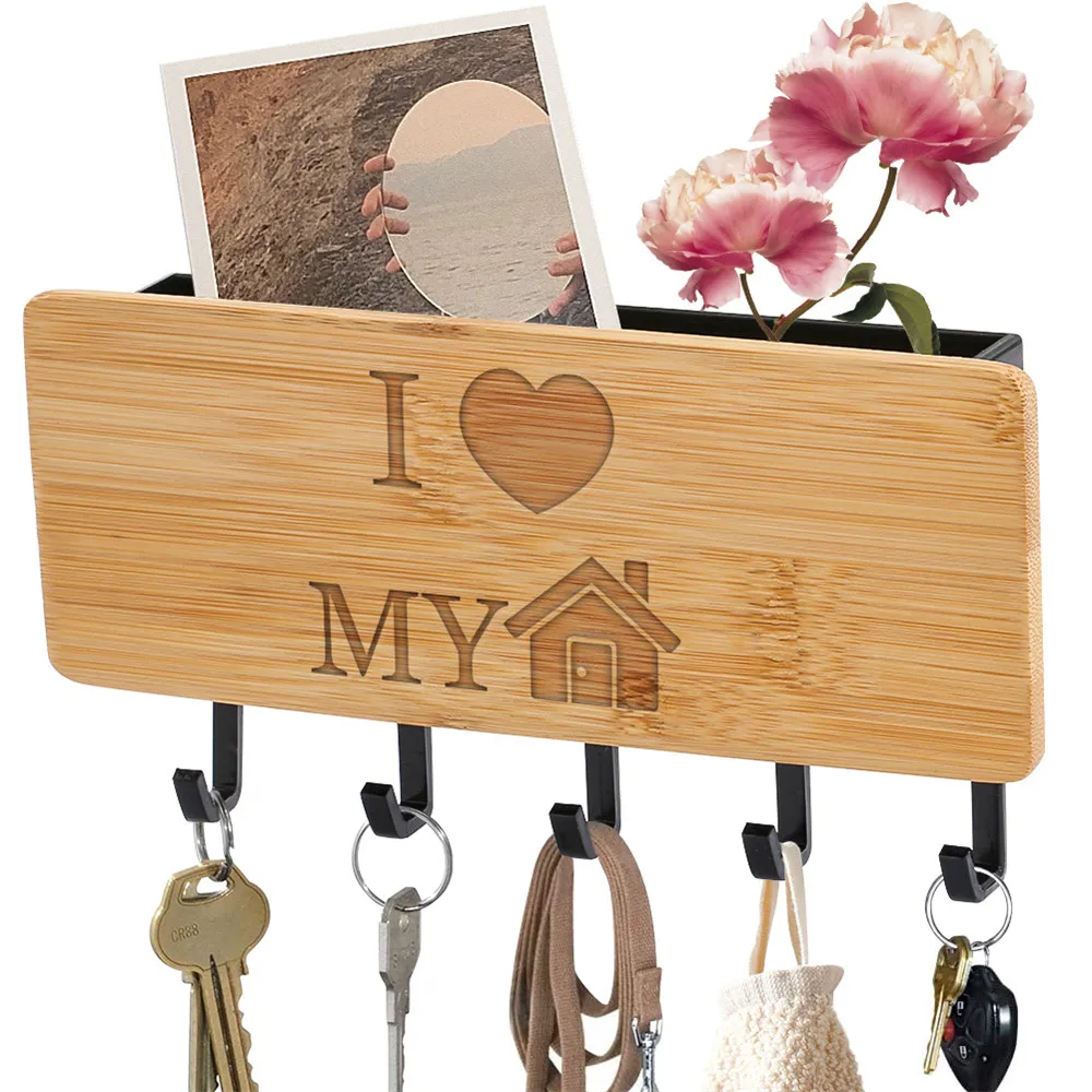 Bamboo Key Holder Rack with 5 Hooks Creative I Love My House Engraved Pattern Wall-Mounted Sundries Storage Hanging Organizer | Дом и сад