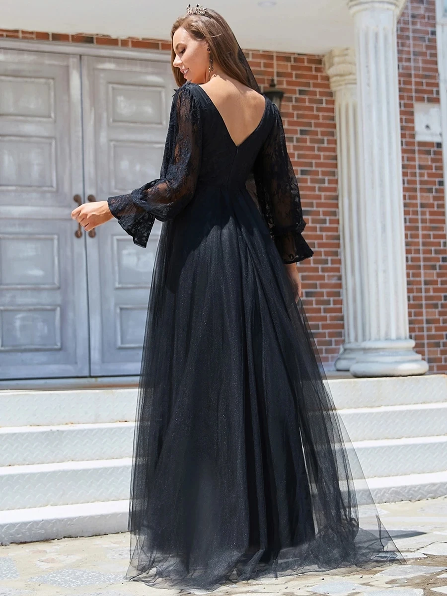 long formal dresses Elegant Bridesmaid Dress Floor Length Lace V-Neck A Line Long Puff Sleeves Ever Pretty 2022 Wedding Dresses Vestidos De Gala long sleeve formal dresses