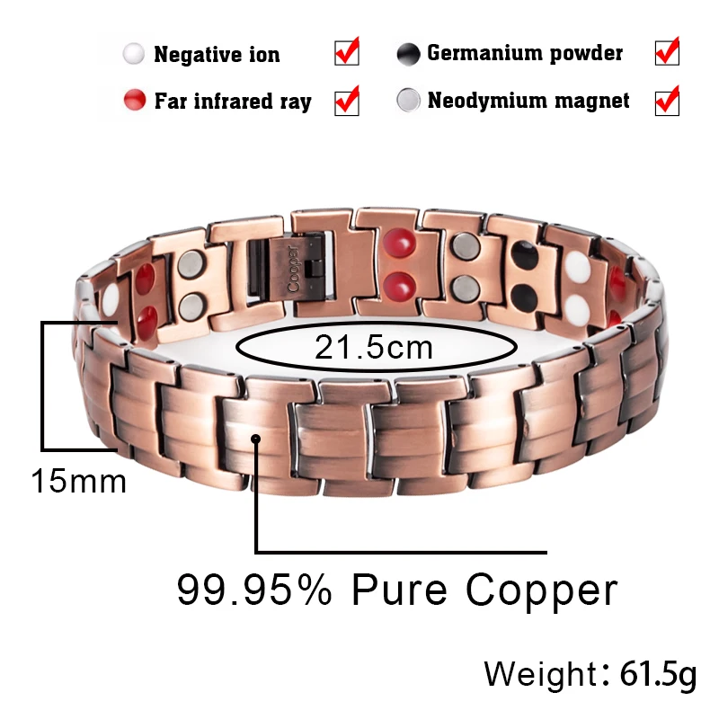 Hottime Double Row 4 IN 1 Bio Elements Energy Magnetic Bracelet Men's Fashion Healing 99.95% Pure Copper Bracelets Bangles