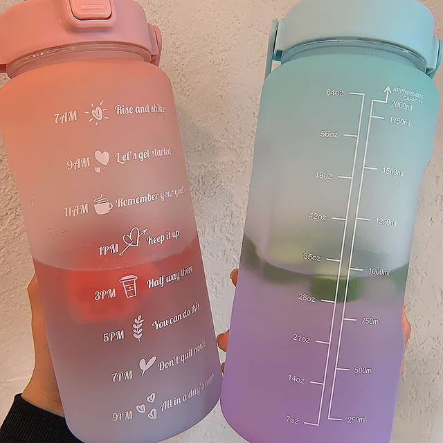 2 Liter Large Capacity Free Motivational With Time Marker Fitness Jugs Gradient Color Plastic Cups Outdoor Frosted Water Bottle 2