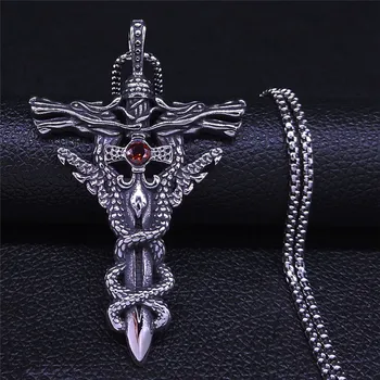 

AFAWA Crystal Stainless Steel Necklaces Silver Color Witchcraft Dragon Swords Necklace Jewelry acero inoxidable joyeria NZZ78S02