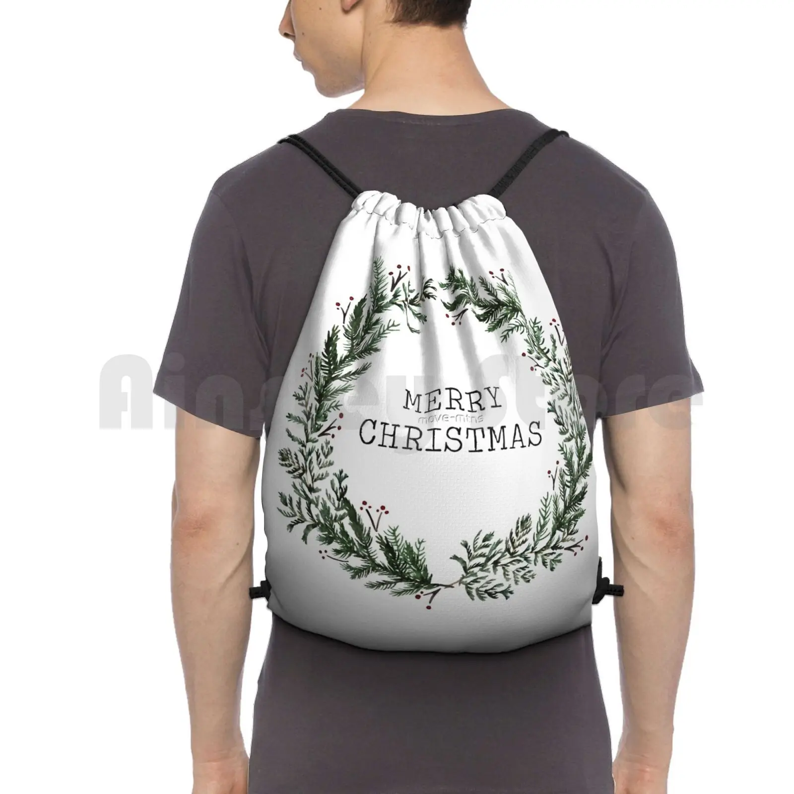 

Simple Merry Christmas Backpack Drawstring Bags Gym Bag Waterproof Christmas Merry Christmas Holiday Pine Wreath Classic