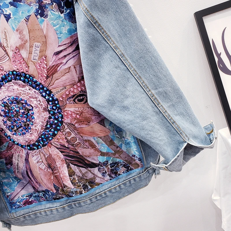 Women Denim Jacket feminine Spring Autumn Boho Sequin Floral Appliques Embroidery Coat Long Sleeve Outerwear Female Veste femme