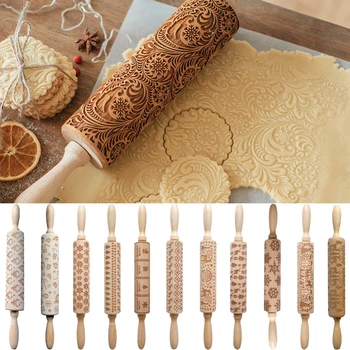 

Christmas Rolling Pin Laser Wooden Christmas Embossing Rolling Pin Dough Stick Baking Pastry Tool New Year Christmas Decoration