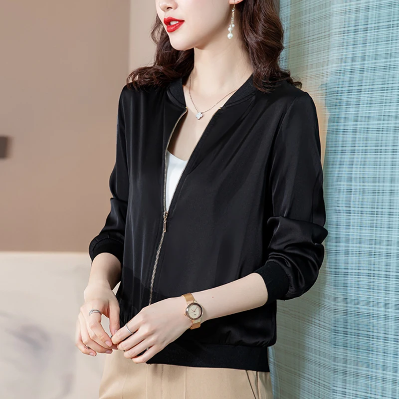 

2022 Korean Summer Silk Jacket Women Long Sleeve Solid Bomber Jacket Woman Casual Female Thin Baseball Zipper Red Coat Outwear