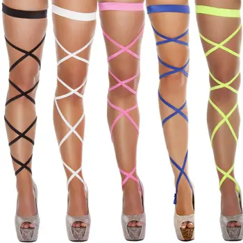 

2020 New Sexy Women Lingerie Bandage Fishnet Stockings Thigh-High Studded Thigh High Leg Rave Wraps Strappy Tights