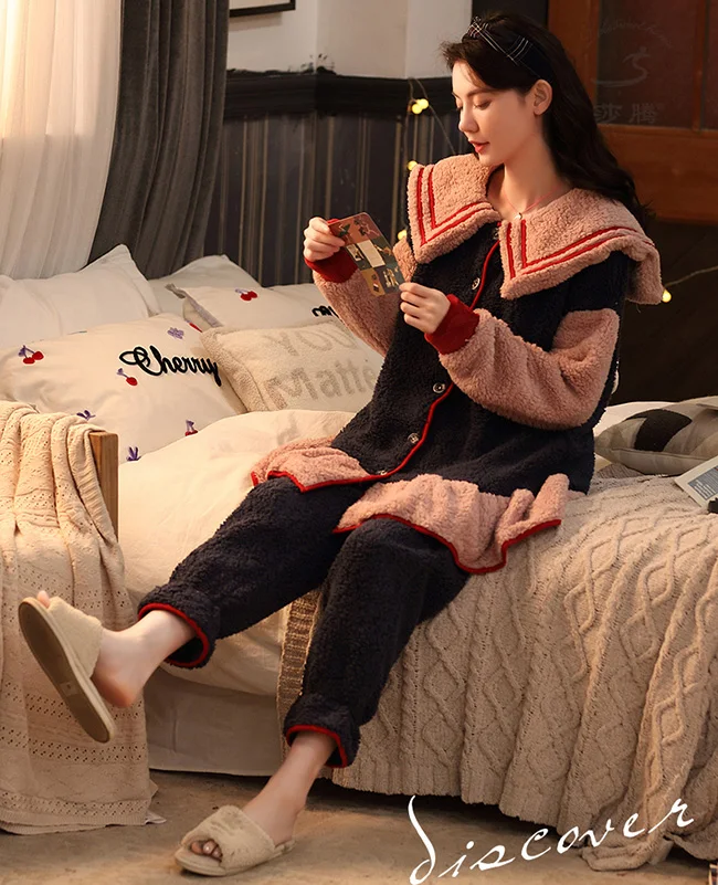 Женская ночная сорочка «Лолита», фланелевые пижамные комплекты с мультяшным морским воротником, топы контрастных цветов+ длинные штаны, пижамный комплект для девочек, домашняя одежда