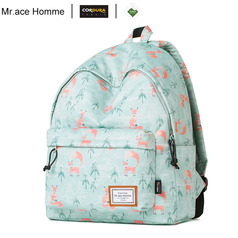 

brand fox printing green backpack womens chool backpack laptop college bag for gril waterproof canvas bagback women