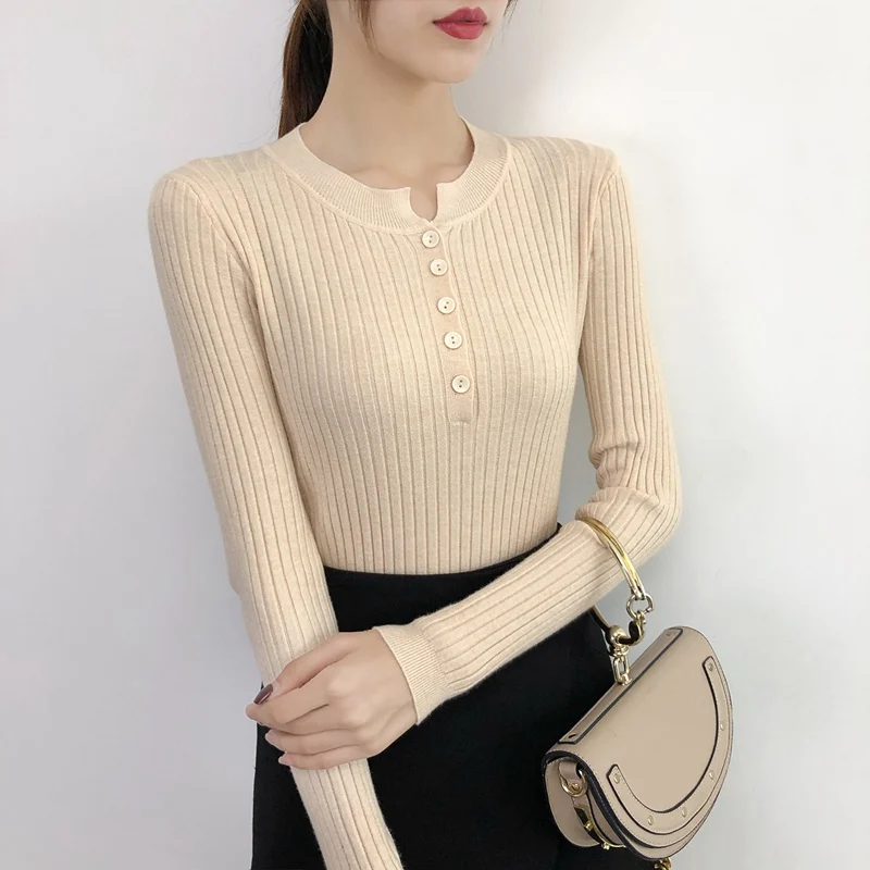 

Women Autumn Warm Simple Sweater Fashion Casual Round Collar Long Sleeve Cute Solid Color Loose Button Sweaters