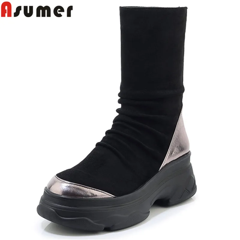 

ASUMER 2020 new ankle boots for women round toe slip on genuine leather boots boots flat platform ladies autumn winter boots