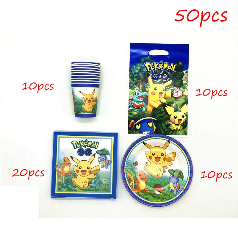 Pokemon Go 81 шт./лот одноразовая посуда для вечеринки на день рождения кружки, тарелки, салфетки Подарочный пакет для детского душа украшения для скатерти - Цвет: BeiPanLiZhi-50pcs