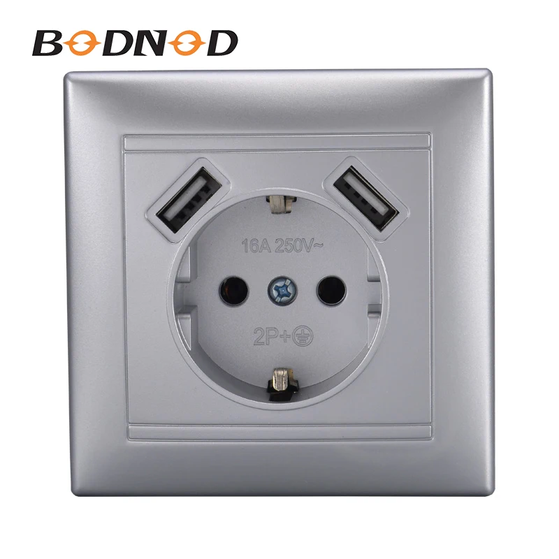 Штепсельная розетка с двумя USB портами европейский стандарт серый цвет 5 В 2 А