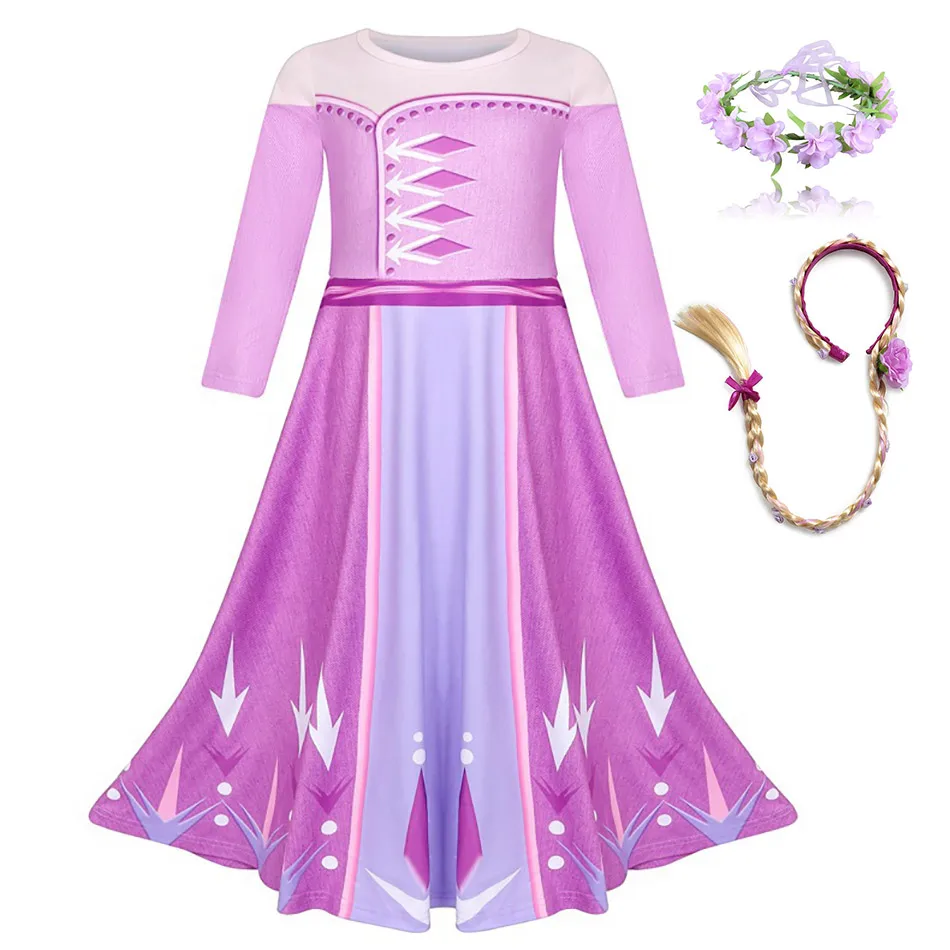 Костюм Королевы Эльзы 2 для косплея для девочек, 3D принт, кино, детское фиолетовое платье Эльзы с Тиара для волос с зажимом, волшебная палочка, перчатки, Маскировка на Хэллоуин - Цвет: Dress Set H