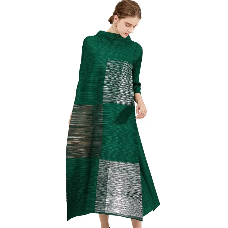 MIYAKE fold весеннее Новое бронзовое платье со стоячим воротником с принтом большого размера женское тонкое ТРАПЕЦИЕВИДНОЕ ПЛАТЬЕ