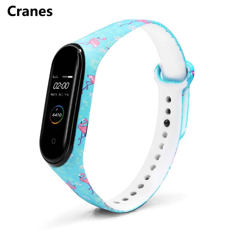 Cranes BOORUI mi band 3/4 цветочный ремешок mi band 3 4 аксессуары сменный силиконовый разнообразный ремешок для xiaomi mi 3 4 смарт-браслеты - Цвет: Cranes
