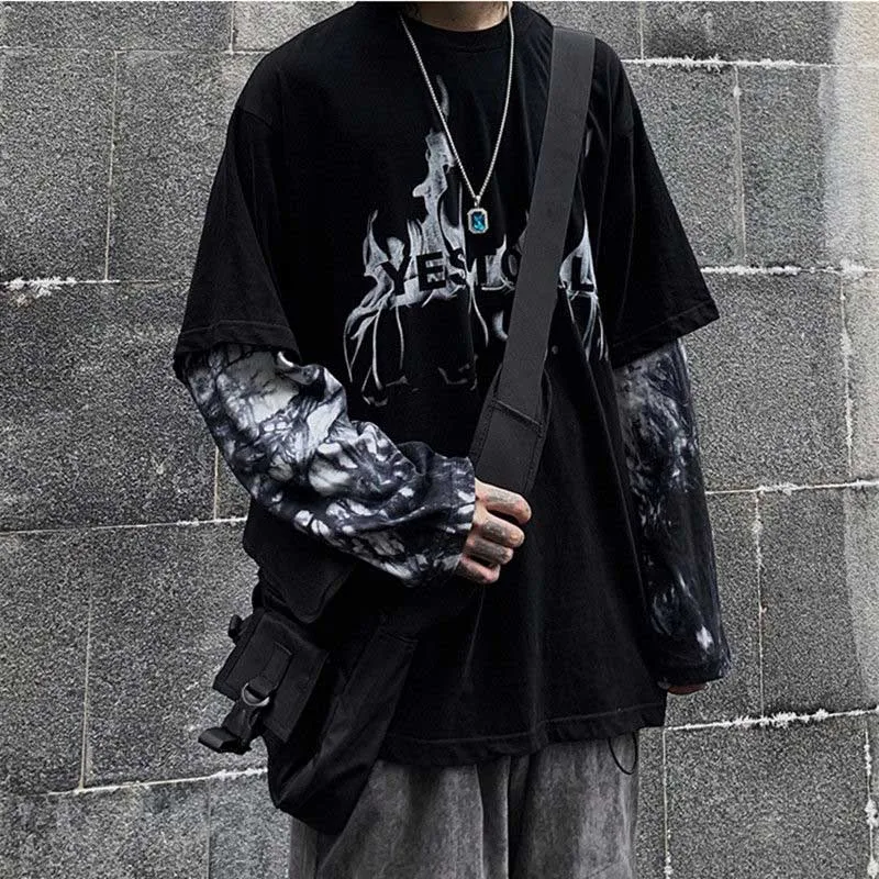 NiceMix Harajuku/футболка с принтом тыквы и буквами; Поддельные 2 штуки; Лоскутная Повседневная футболка с длинными рукавами; женская и Мужская Уличная одежда; топы