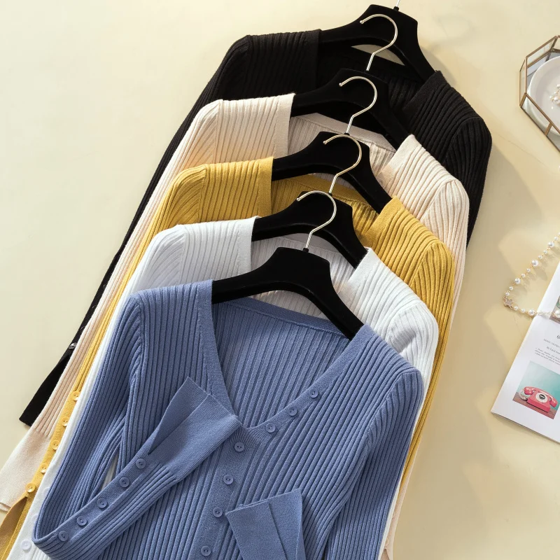 

Women sweaters and pullovers 2019 Button Solid Full V-Neck knit sweater ladies tops blusas feminnas sweater harajuku slim 0112