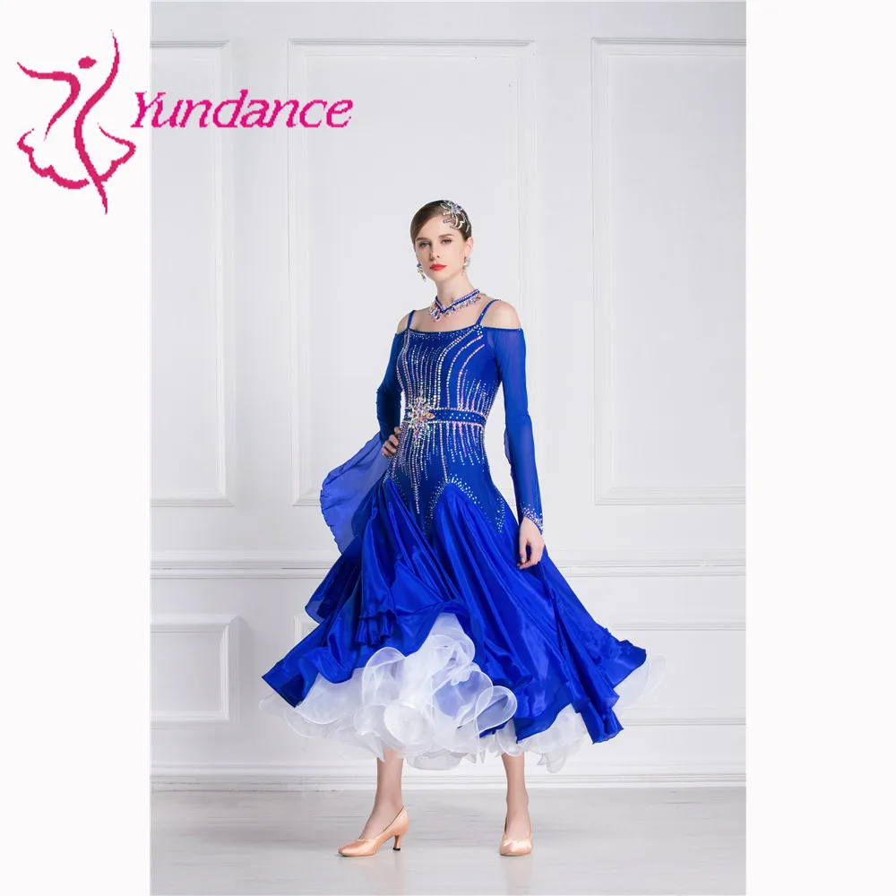 B-18415, сексуальное кружевное платье для бальных танцев для женщин, длинные рукава, вальс, Танго, платья для танцев, стандартное бальное платье синего цвета