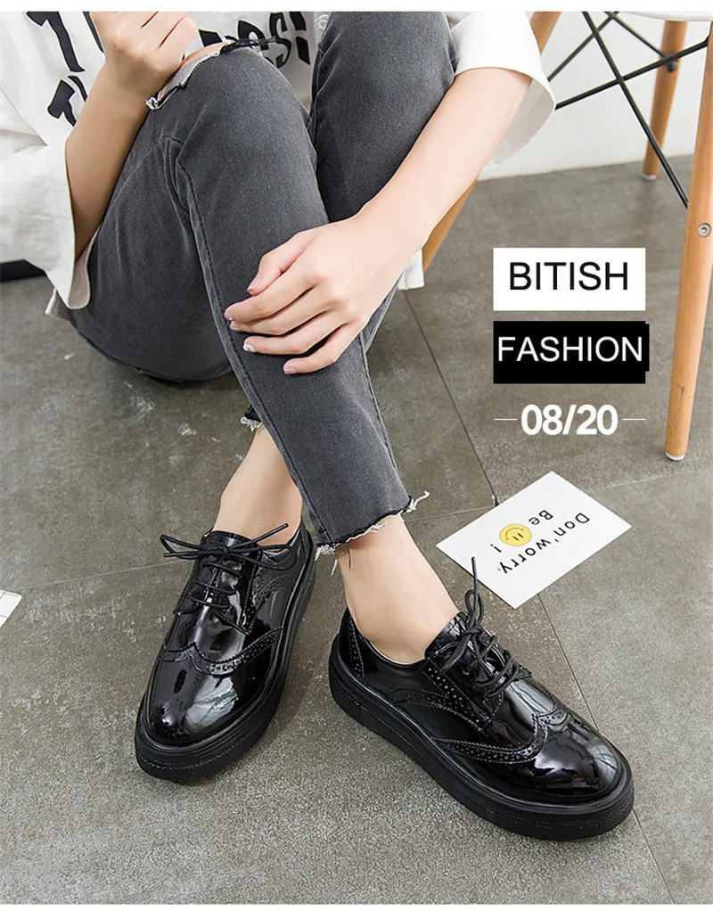 British Style Patent Leather Oxford Shoes For Woman Carved Soft Bottom Flat Platform Women's Brogues Shoes Size 33-43 Creepers (5)