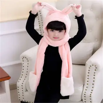 

Autumn Winter Rabbit Ear Children Scarf Lovely Girl Boy Beanie Cap Warm Plush Hat Scarf Glove Set Thick Hat+Hooded Soft Scarves
