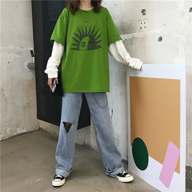 Lychee Harajuku Лоскутная Женская футболка с принтом солнцезащитных глаз, топы, футболки, поддельные 2 штуки, женские футболки с длинным рукавом, свободные женские футболки