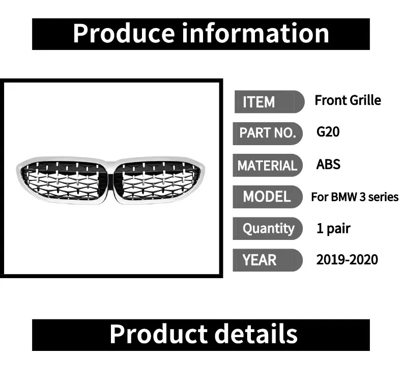 Diamond Grille for Bmw New 3 Series G20 G28- 325li 325i ABS grill front bumper grille 1 pair