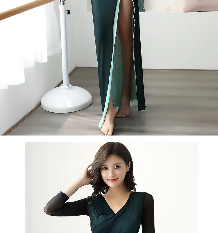 New Arrival Belly Dance Practice Clothing Female Oriental Bellydance Double-Mesh Long Dress Sexy V-Neck Split Dresses DL4583