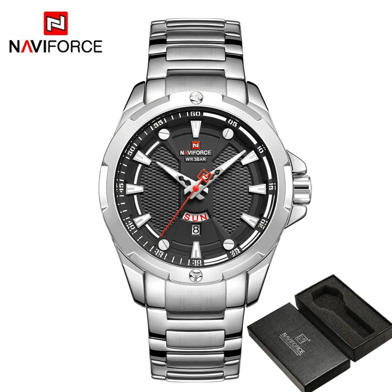 NAVIFORCE мужские наручные часы водонепроницаемые мужские часы армейские Бизнес Календарь Неделя из нержавеющей стали спортивные, военные кварцевые мужские часы 9161 - Цвет: NA916105 with box