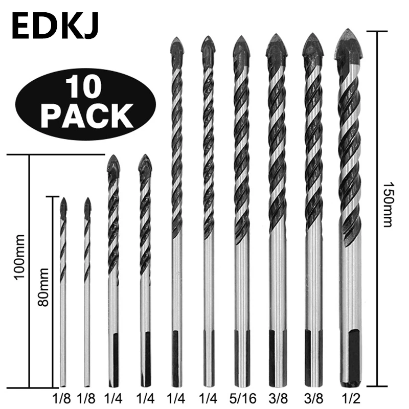 

10PCS black 3mm-10mm multi-function glass drill combination twisting shovel drill triangle bit for tile concrete glass marble