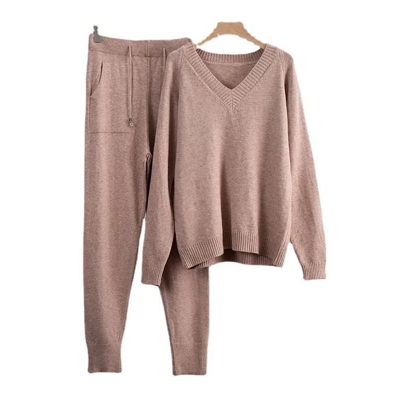 HLBCBG Cashmere Knitted Sets Women 2022 New Loose V Neck Sweater & Carrot Pant 2 Pieces Female Outfit Tracksuits Harem Pants 5