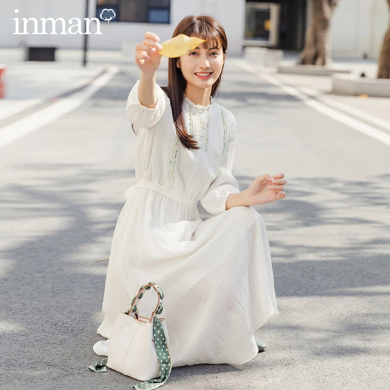 

INMAN 2020 Summer New Arrival Splicing Lace Embroidered Literary Cute All-match Half Sleeve Dress