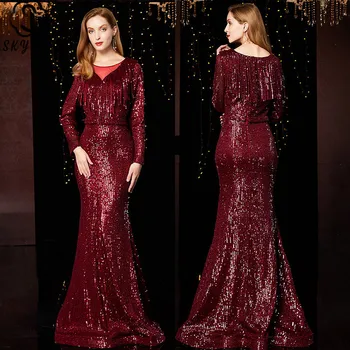 

Skyyue Tassel Evening Dresses Burgundy Sequined O-Neck Robe De Soiree K040 Long Sleeve High-waist Plus Size Floor Length Dress