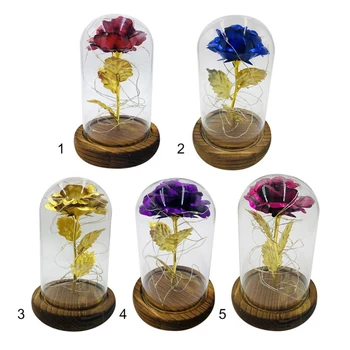 

24K Gold Valentine's Plated LED Rose Light Home Decoration Red Rose Glass Dome Wooden Base Christmas Desktop Decoration Gift