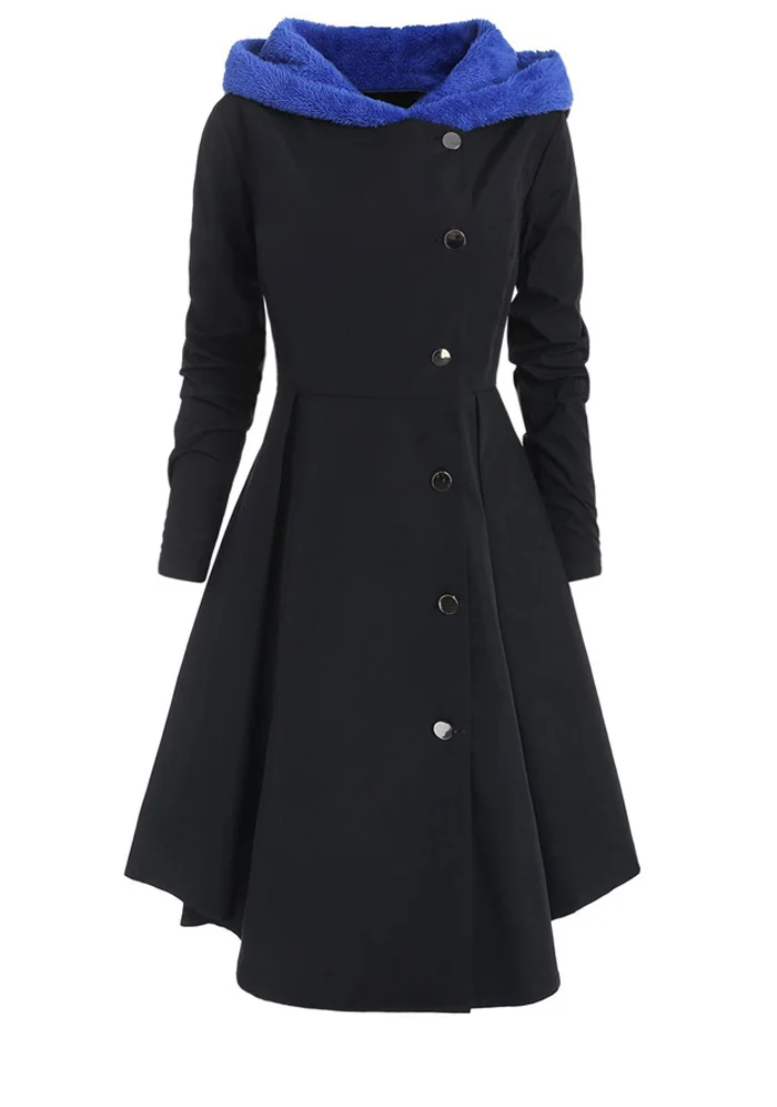 Асимметричное контрастное длинное пальто с капюшоном размера плюс, женское осеннее пальто с открытой передней частью, винтажное пальто, элегантная верхняя одежда