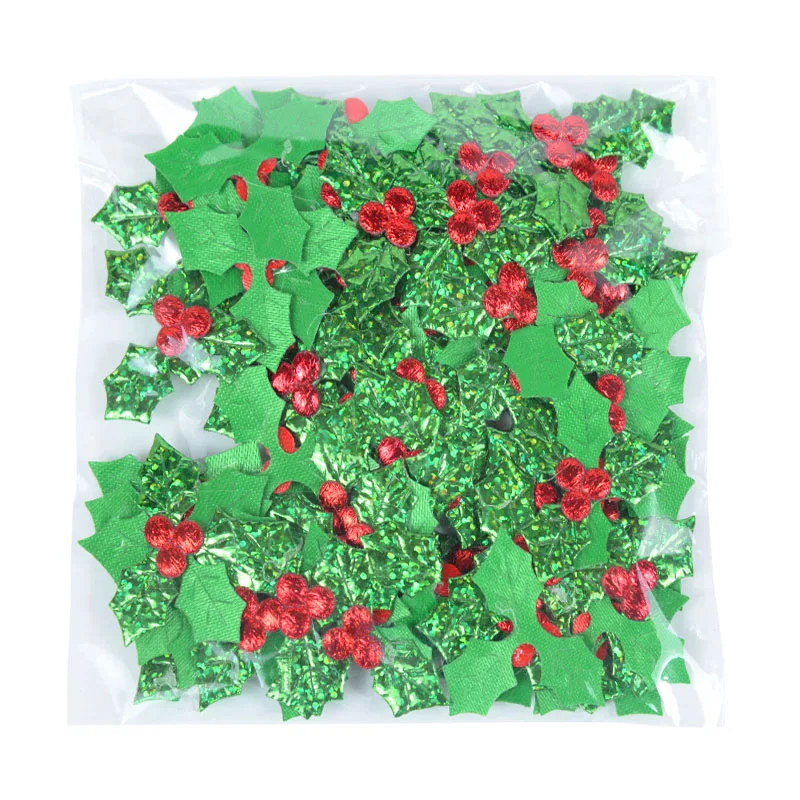100Pcs Glitter Green Holly Leaf Red Berry Christmas Ornaments Artificial Holly Leaves For Xmas New Year Party Decor DIY Crafts