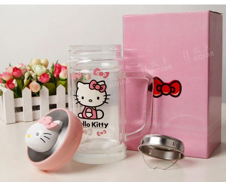 Милая бутылка для питья hello kitty, прозрачная чашка для воды, молока, Kawaii, чашка для чая, для заварки чая, фруктовый заварочный фильтр для путешествий и кофе