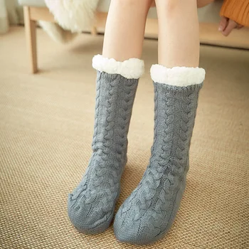 

winter knitted thick velvet lining christmas socks women fashion solid color cross pattern bottom non-slip silicone woman sock