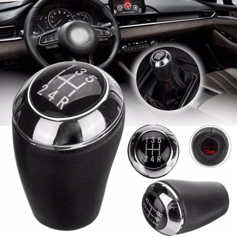 

Universal Car Fashion PU Leather Car Manual Gear Shift Knob Stick Shifter Head Black 5 Speed Auto Replacement With Black Cap
