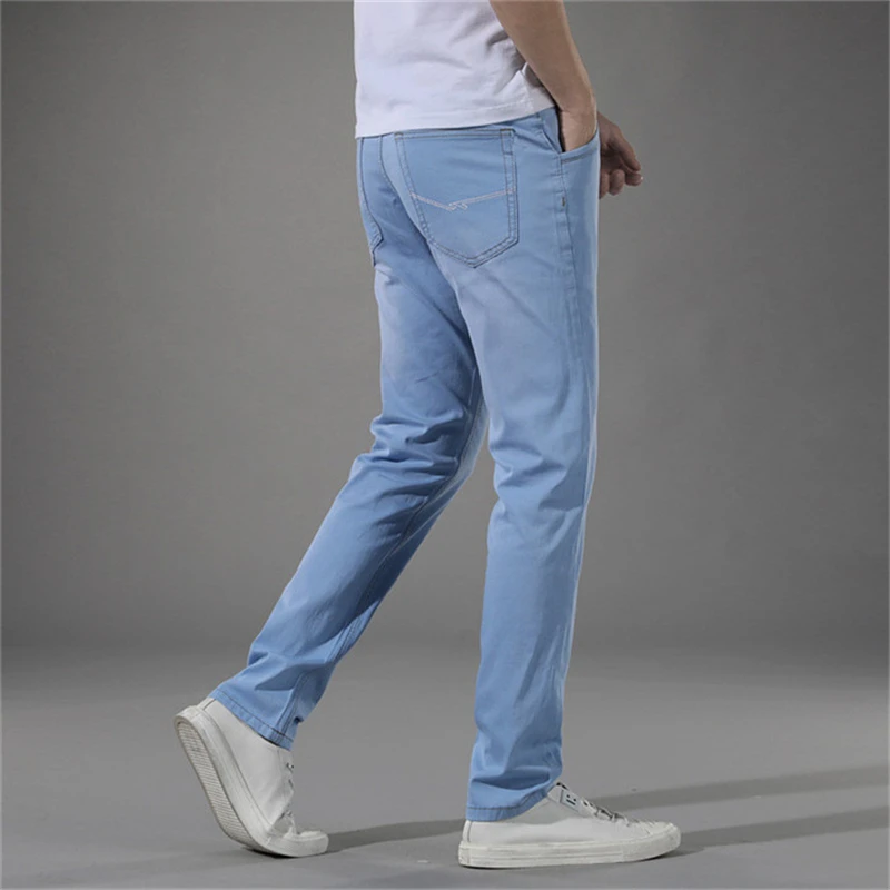 Мужские облегающие джинсы, Мужские Стрейчевые Модные узкие джинсы брюки, мужские эластичные повседневные Прямые голубые джинсы со средней талией, WG208