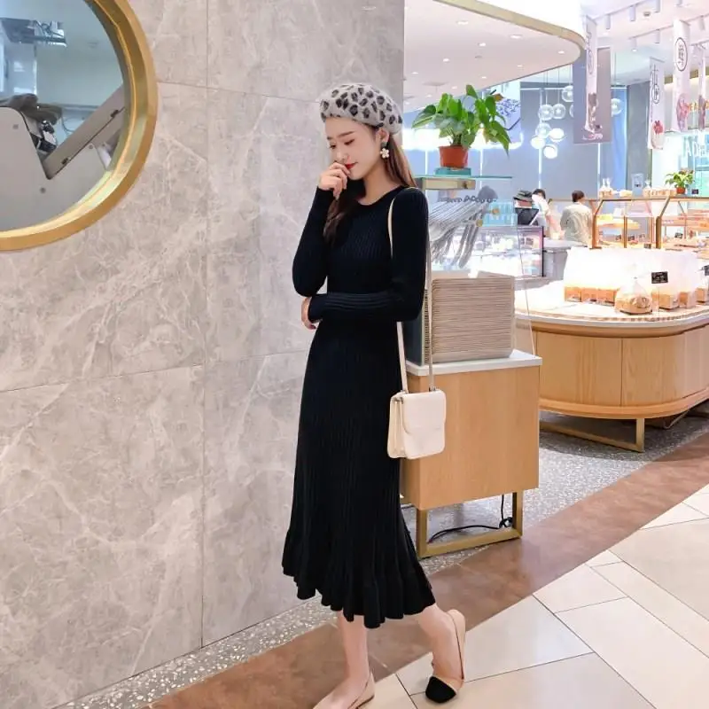 

Korean O-Neck Solid Sweater Long Dress Women Elegant Long Sleeve Knitted Dress Thick Bodycon Ruffles Mermaid Dress