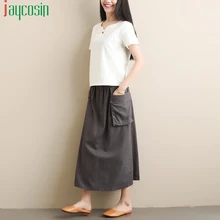 Повседневная Женская юбка, свободная, хлопок, лен, карман, дышащая, одноцветная, Ретро стиль, женская юбка, модная, эластичная лента, размера плюс, пляжные, вечерние, юбка