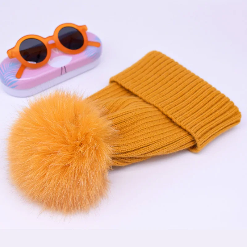 yellow fox fur Зимняя Весенняя вязаная шерстяная шапка Skullies повседневная женская шапка натуральный помпон из лисьего меха шапки - Цвет: yellow fox fur