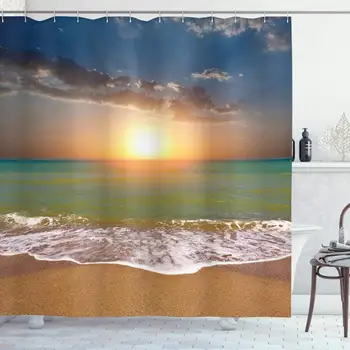 

Sunset Shower Curtain, Idyllic Scenery at The Beach with Dramatic Sky Setting Sun and Ocean Tranquil View, Cloth Fabric Bathroom