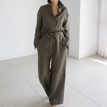 

LANMREM 2020 Spring New Casual Fashion Temperament Women Loose Solid Color Long-sleeved Drawstring Belt Jumpsuit TC649