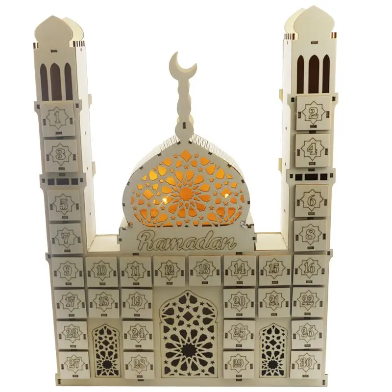 Calendario de cuenta atrás de Ramadán, ornamento de Mubarak Eid de madera artesanal, cajón de madera, decoraciones artesanales para fiestas