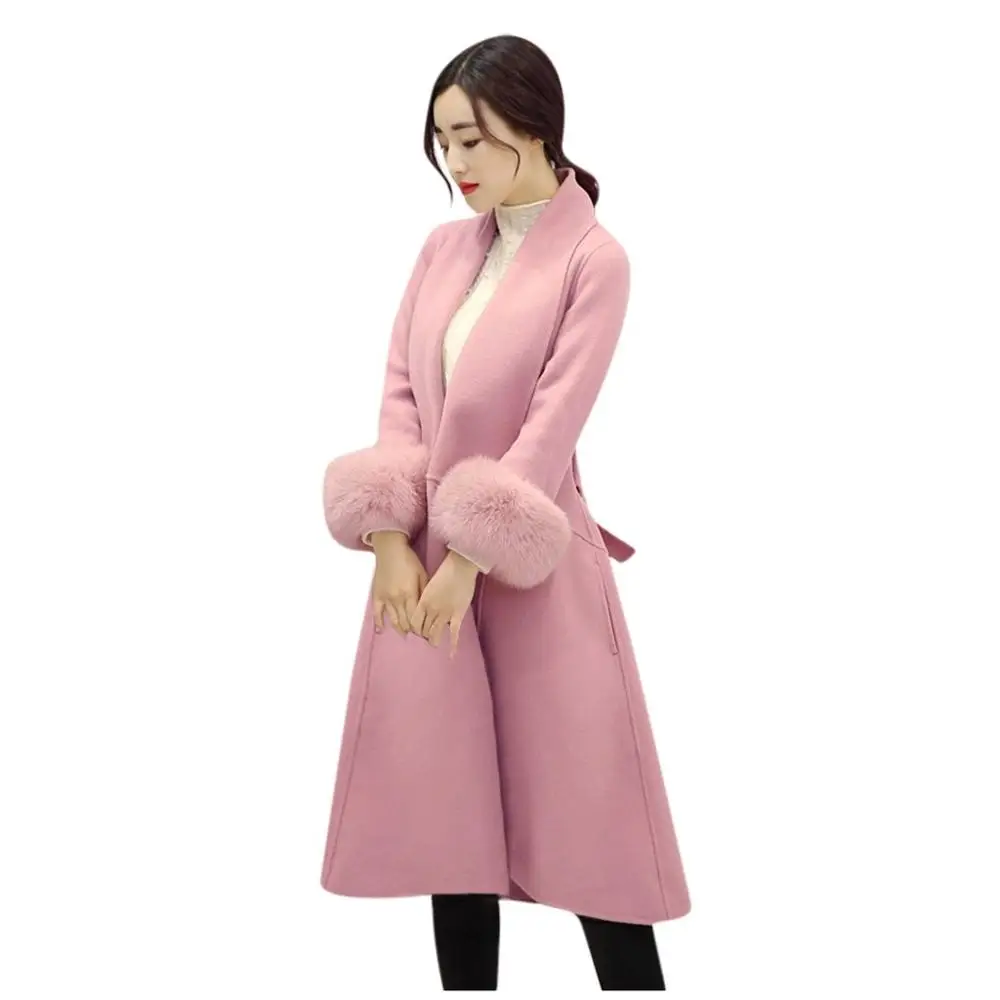 Женское шерстяное пальто размера плюс 4XL зимнее однотонное пальто с поясом и длинным меховым рукавом кашемировое шерстяное зимнее пальто - Цвет: Розовый